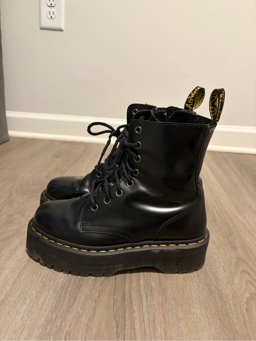 Dr. Martens Black Platform Lace-Up Boots with Yellow Stitching